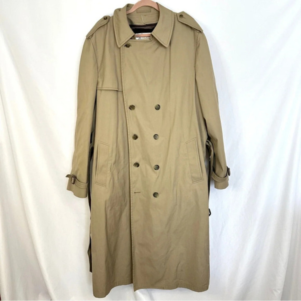Vintage London Fog Trench Coat Mens 48 Double Breasted Sherpa Lined Belted Tan